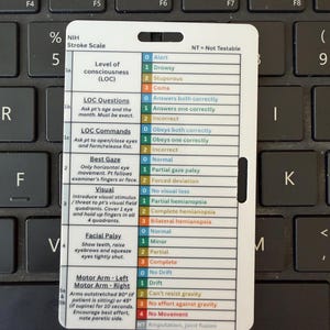 May include: A white rectangular NIH Stroke Scale reference card featuring a grid of medical assessment criteria, including level of consciousness, gaze, visual, facial palsy, and motor arm tests, with color-coded scoring levels printed in black text.