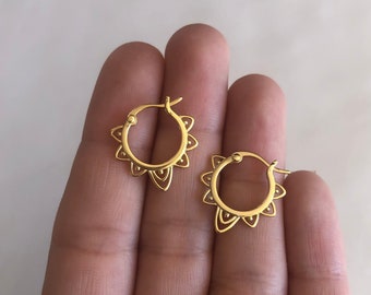 Mandala Floral Hoop Earrings, 14kt Gold Vermeil, .925 Sterling Silver, Hypoallergenic, For Sensitive Ears, Small Tiny Hoops, Delicate Dainty