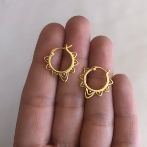 Mandala Floral Hoop Earrings, 14kt Gold Vermeil, .925 Sterling Silver, Hypoallergenic, For Sensitive Ears, Small Tiny Hoops, Delicate Dainty