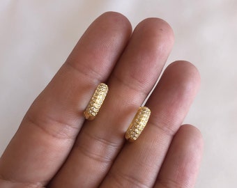 CZ Ear Huggies, 14kt Gold Vermeil, .925 Sterling Silver, Minimal Hoop With Crystals, Thick Huggie Hoops, Small Dainty Hoops, Hugger Earrings