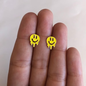 Yellow Acid Smiley Face Stud Earrings, 14kt Gold Vermeil, .925 Sterling Silver, Trippy Happy Face, Psychedelic Festival Rave Jewelry