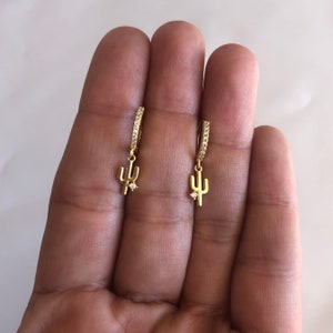 Desert Cactus CZ Ear Huggies, 14kt Gold Vermeil, .925 Sterling Silver, Small Tiny Hoop Earrings, Cute Dainty Hoops, Ear Huggers