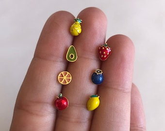 Berries And Fruit Stud Earrings, 14kt Gold Vermeil, .925 Sterling Silver, Strawberry, Pineapple, Avocado, Blueberry, Apple, Lemon, Orange