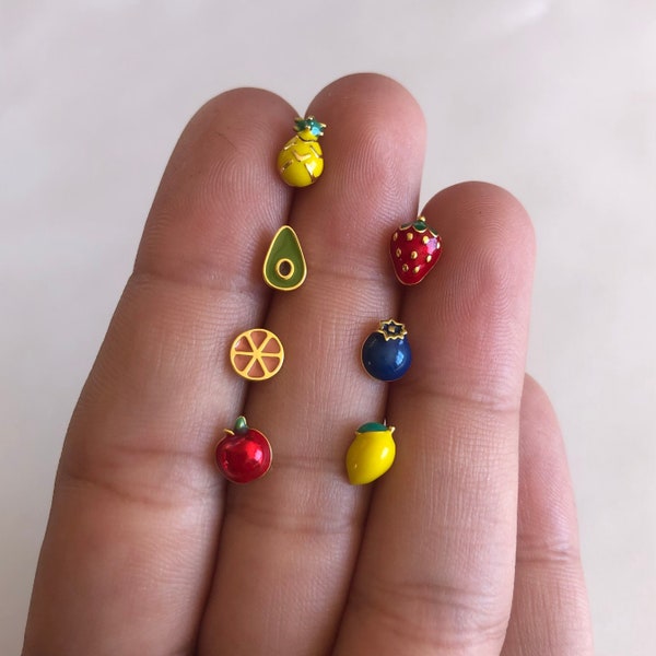 Berries And Fruit Stud Earrings, 14kt Gold Vermeil, .925 Sterling Silver, Strawberry, Pineapple, Avocado, Blueberry, Apple, Lemon, Orange