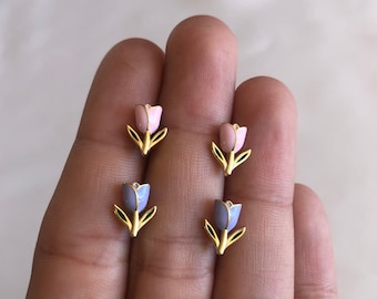 Pink And Purple Tulip Stud Earrings, 14kt Gold Vermeil, .925 Sterling Silver, Floral Flower Jewelry, Cute Dainty Minimalist, Hypoallergenic
