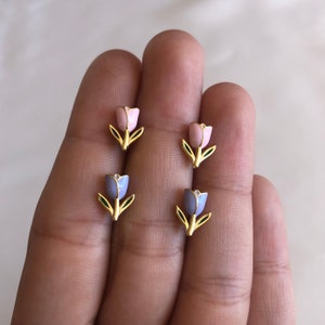 Pink And Purple Tulip Stud Earrings, 14kt Gold Vermeil, .925 Sterling Silver, Floral Flower Jewelry, Cute Dainty Minimalist, Hypoallergenic
