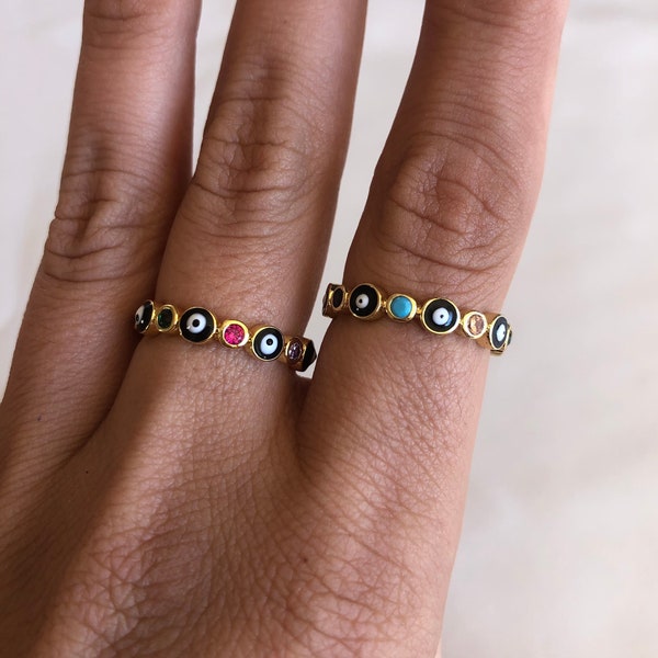 Black Evil Eye Ring, 14kt Gold Plate, Mal De Ojo, Nazar Jewelry, Cute Dainty Stackable Ring, Turkish Evil Eye, Rainbow CZ Band, Amulet Ring