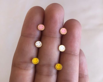 Smiley Face Stud Earrings, 14kt Gold Vermeil, .925 Sterling Silver, Pink White Yellow, Cute Happy Face Earrings, Minimalist Dainty Jewelry