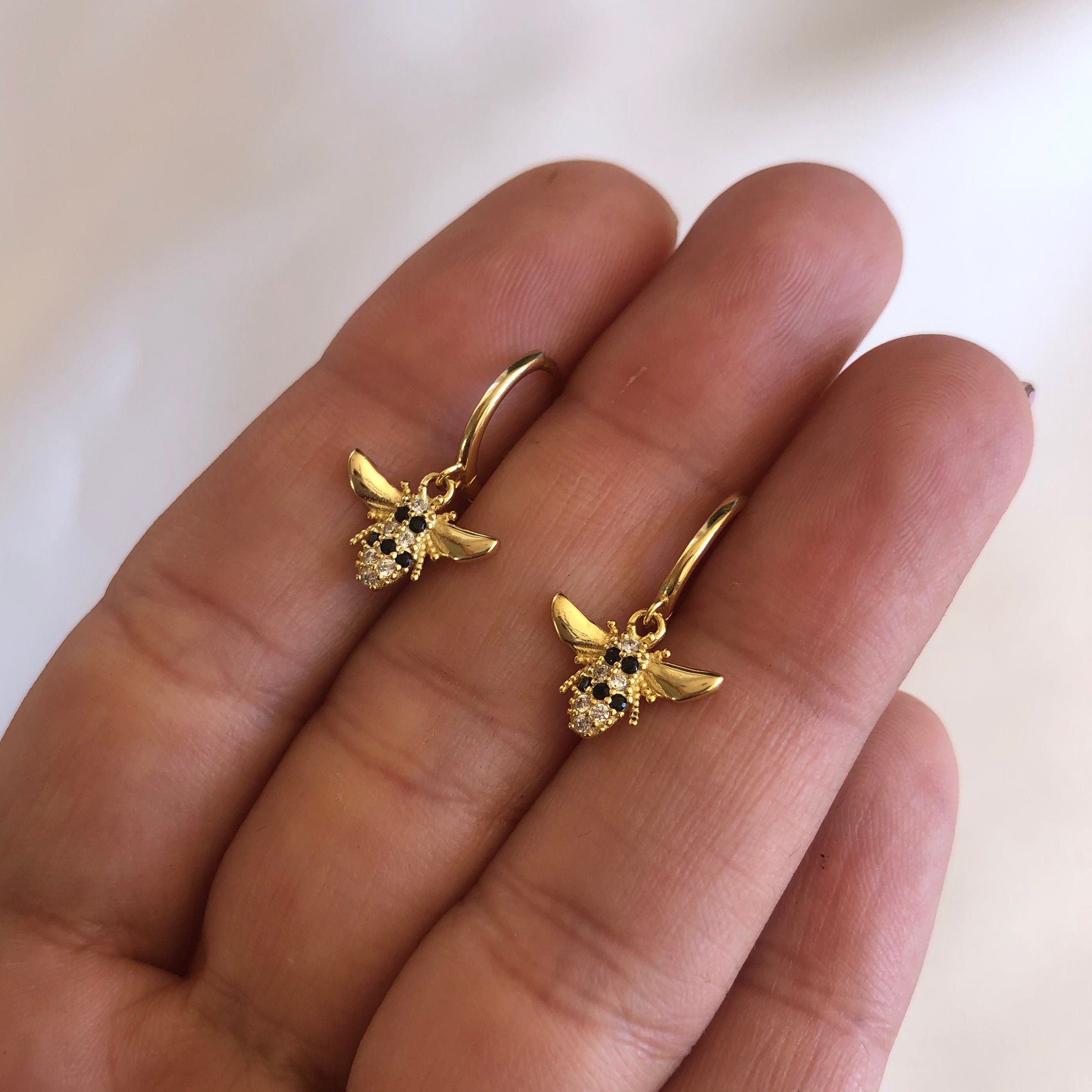 BEE HOOP EARRINGS 925 STERLING SILVER YELLOW GOLD VERMEIL BEE HOOP EARRINGS 925 STERLING SILVER YELLOW GOLD VERMEIL