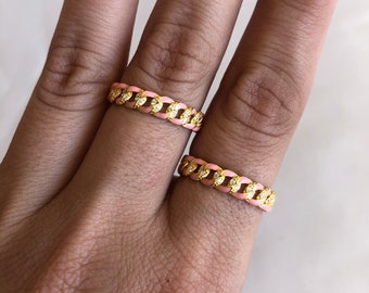 Pink Enamel Chunky Chain Link CZ Ring, 14kt Gold Vermeil, .925 Sterling Silver, Cuban Chain Stackable Rings, Dainty Minimalist, Ring Stack