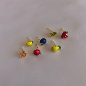 Berries And Fruit Stud Earrings, 14kt Gold Vermeil, .925 Sterling Silver, Strawberry, Pineapple, Avocado, Blueberry, Apple, Lemon, Orange image 9