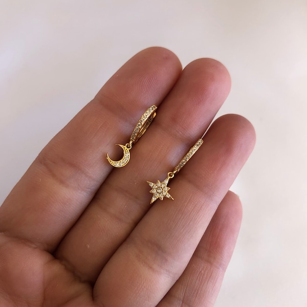 Star & Moon Ear Huggies, 14kt Gold Vermeil, .925 Sterling Silver, Celestial CZ Dangle Earrings, Cubic Zirconia, Cute Dainty Minimalist, Luna