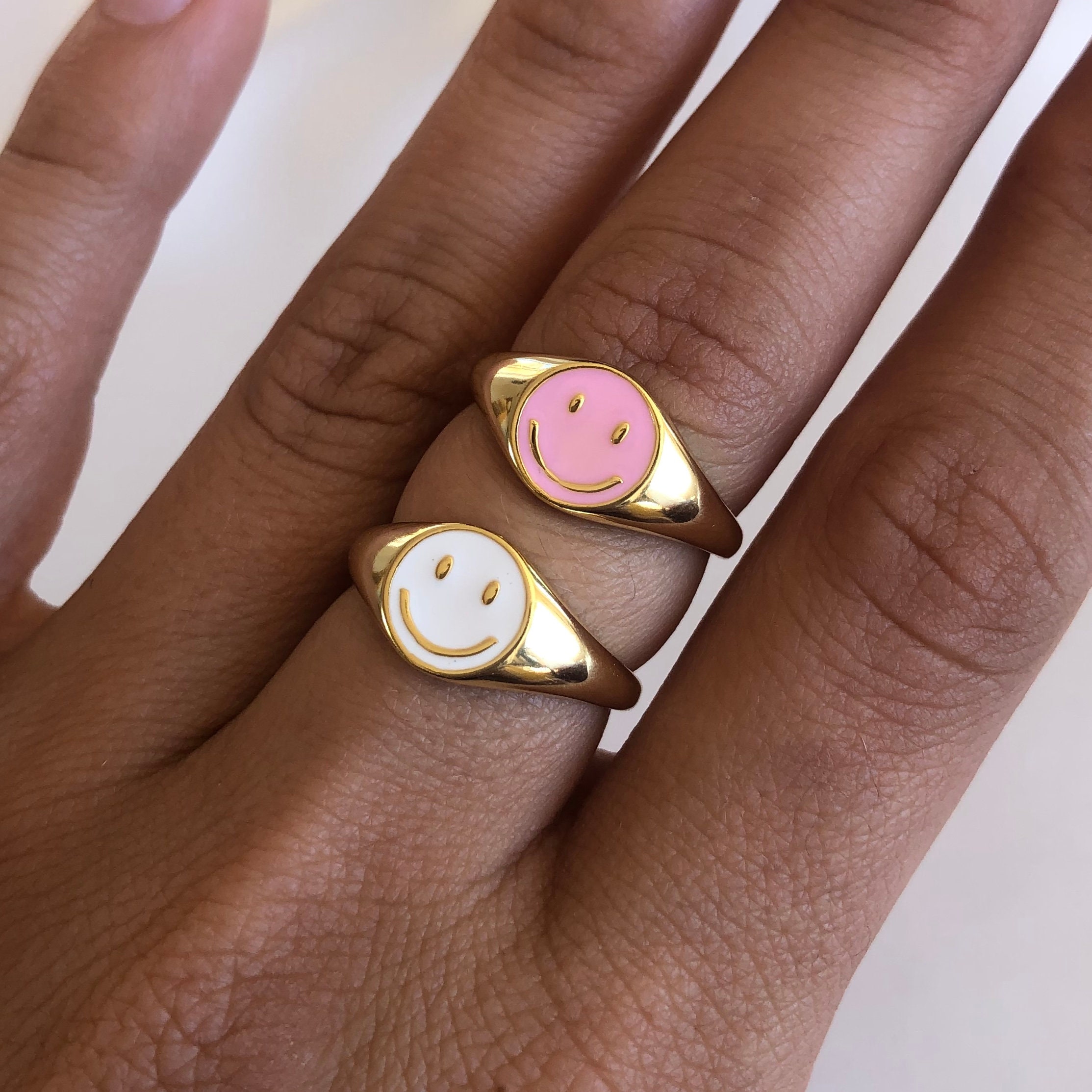 Pink Enamel Smiley Face Ring 14kt Gold Vermeil .925 Sterling Etsy Australia