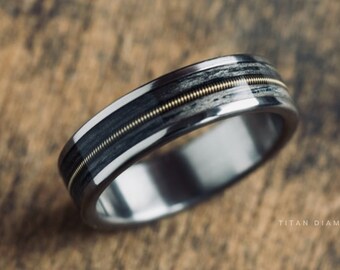 Man Silver Guitar String Whiskey Barrel Wood Ring Wedding Engagement Tungste Band Husband Boyfriend Handmade Jewelry Anniversary Gift 6mm