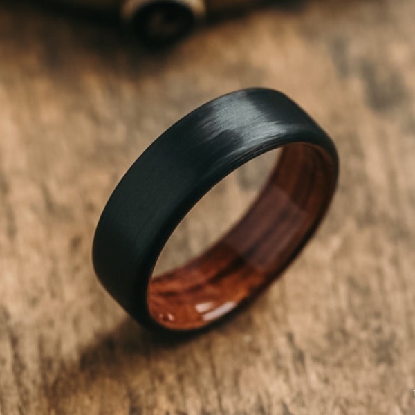Man Black Koa Wood Ring Carbon Fiber Wedding Engagement Band Husband Boyfriend Handmade Personalized Jewelry Anniversary Gift for Him
