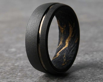 Man Black 18k Gold Marble Carbon Fiber Wedding Engagement Ring Band Husband Boyfriend Handmade Personalized Jewelry Gift for Him