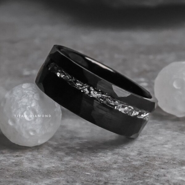 Man Black Hammered Meteorite Ring Wedding Engagement Tungsten Band Husband Boyfriend Handmade Personalized Jewelry Anniversary Gift for Him