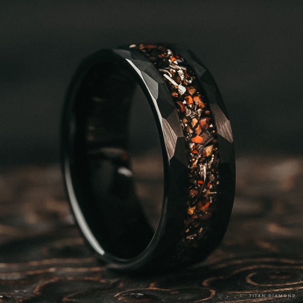 Man Black Hammered Dinosaur Bone Ring Wedding Engagement Tungsten Band Husband Boyfriend Handmade Personalized Jewelry Anniversary Gift Him