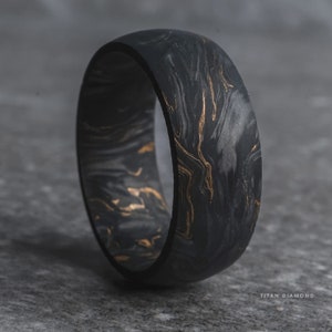 Man Black 18k Gold Marble Carbon Fiber Wedding Engagement Ring Band Husband Boyfriend Handmade Personalized Jewelry Gift for Him