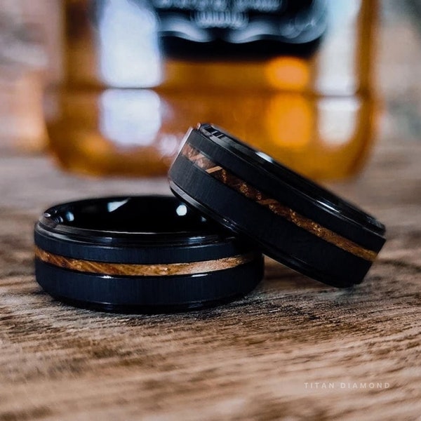 Schwarzer Ring für Herren, Ehering für Herren, Whiskey-Fass-Holzring, Ehering für Herren, Verlobungsring, Band, Ehemann, Freund, Geschenk für Besen von der Braut