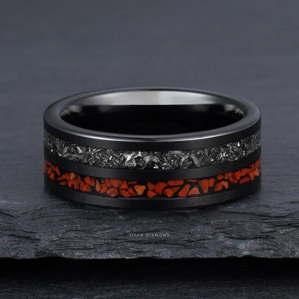 Homme noir dinosaure os météorite bague mariage fiançailles tungstène bande mari petit ami bijoux faits main anniversaire cadeau mode bague