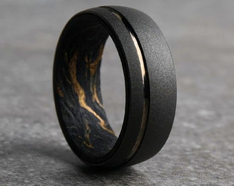 Man Black 18k Gold Marble Carbon Fiber Wedding Engagement Ring Band Husband Boyfriend Handmade Personalized Jewelry Gift for Him