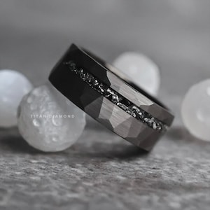 Man Silver Hammered Meteorite Ring Wedding Engagement Tungsten Band Husband Boyfriend Handmade Personalized Jewelry Anniversary Gift for Him