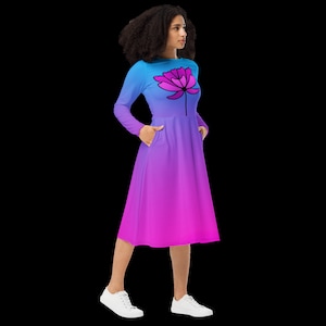 Blooming Wallflower - Pink Flower Long Sleeve Gradient Midi Dress with pockets