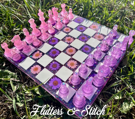 Glitter Pastel Floral Chess Board ~ Pink Purple  Flower Chess Board Set ~  Pink and Purple Daisy Chess Set ~ Real Pressed Flowers