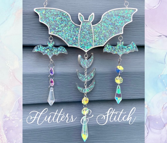 Crushed Opal Shimmer Crystal Bat Suncatcher ~ Crystal Suncatcher ~ Moon Phase Suncatcher ~ Glitter Bat Sun Catcher