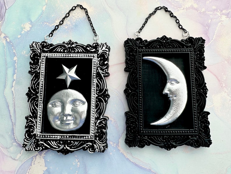 Vintage Celestial Crescent Moon Frame Mini Wall Hangers Man in the Moon Vintage Style Art Gold or Silver Whimsical Decor Silver Set of Both