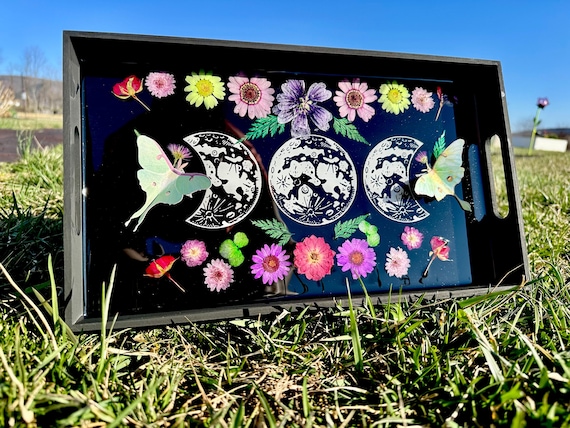 Moon phase Floral Luna Moth Art ~ Decorative Serving Tray ~ Crystal Display Shelf  ~ Pressed Dried Flowers