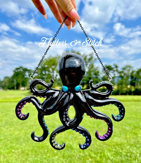 Black Octopus Wall Art ~ Rainbow Color Shifting Tentacles ~ Kraken Wall Art ~ Gothic Octopus Wall Decor