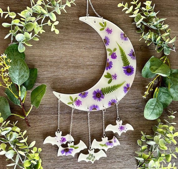 Botanical Bat Wall Art ~ Bat Suncatcher ~ Moon Wall Hanger ~  Flower Suncatcher ~ Real Dried Pressed Flowers