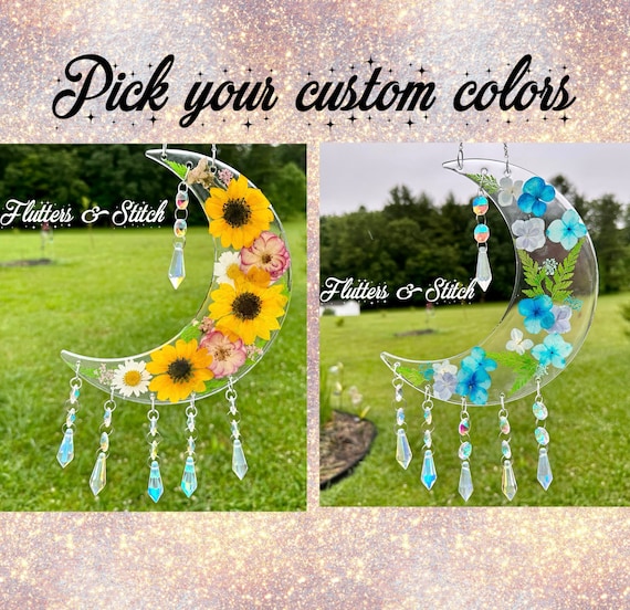 Custom Crescent Moon Crystal Suncatcher  ~ Colorful Floral Flower Sun Catcher ~ Real Dried Flowers ~ Moon Wall Art