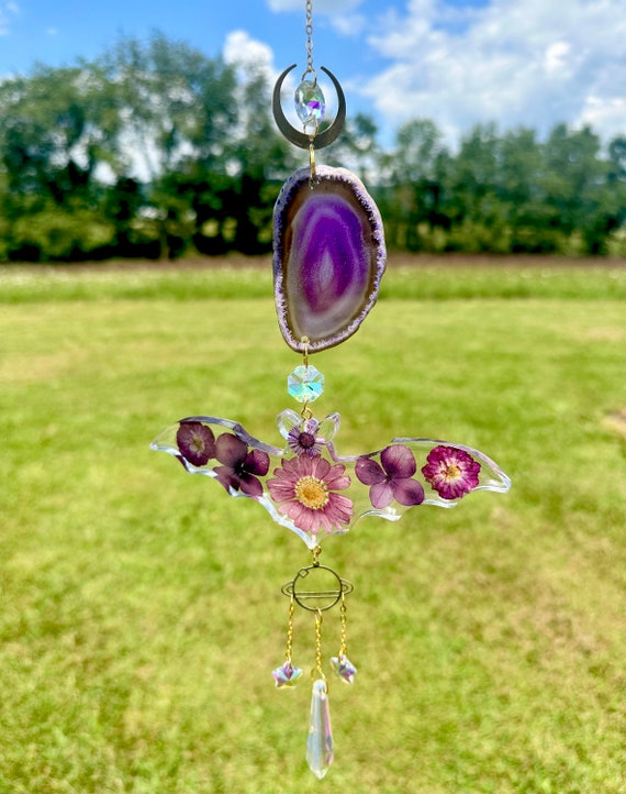 Bat Gem Crystal Suncatcher Collection ~ Real Agate Stones ~ Real Dried Flowers ~ Real Crystal Sun Catcher