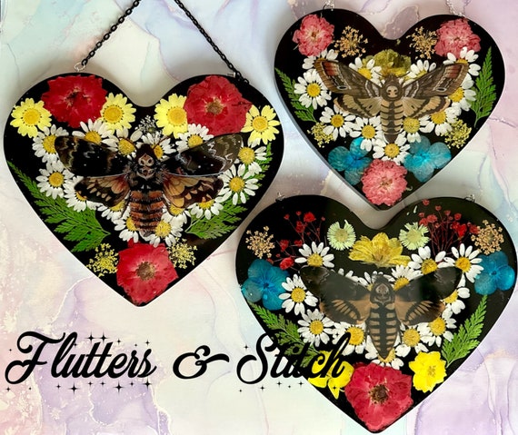 Deaths head Hawkmoth Heart Wall Art~ Moths ~ Pressed Dried Flowers ~ Wall Hanging ~ Wall Art ~ Moth Wall Hanging