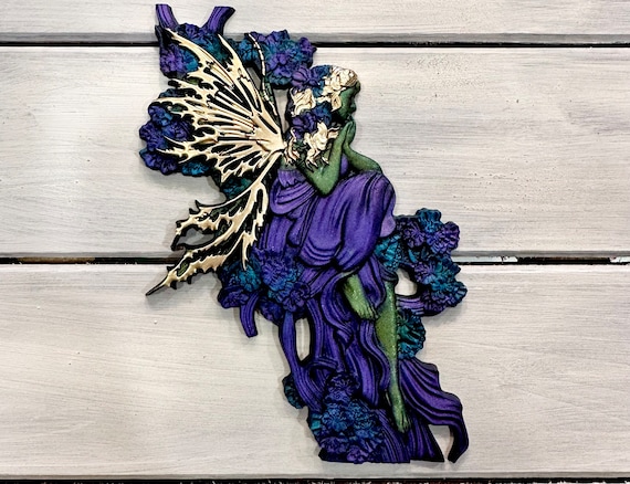 Fairy Wall Art ~ Dark Fae Fairy Art ~ Teal Purple Color-shift ~ Gothic Art ~ Gold Wing Fairy Art