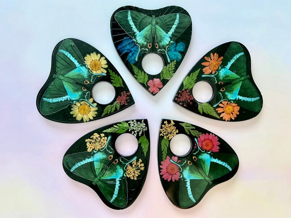 Spirit Board Planchette ~ Ouija Planchette~ Peacock Swallowtail Butterfly~ Pressed Dried Flowers~ Altar Decor ~ Sphere Holder
