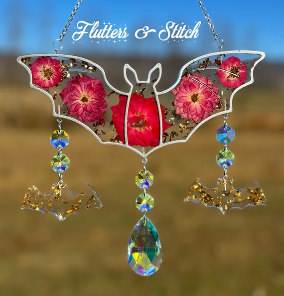 Custom Bat Suncatcher: Real Dried Flowers & Crystal Decor