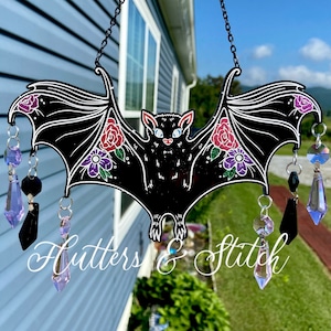 Crystal Bat Suncatcher ~ Hand-painted Suncatcher ~ Floral Suncatcher ~ Black Bat Suncatcher