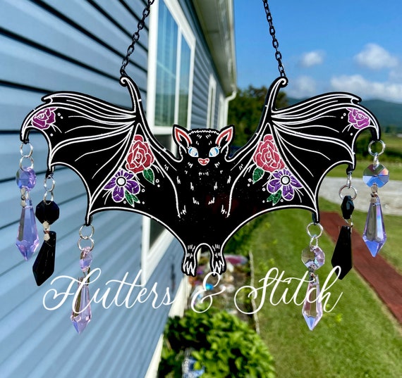 Crystal Bat Suncatcher ~ Hand-painted Suncatcher ~ Floral Suncatcher ~ Black Bat Suncatcher