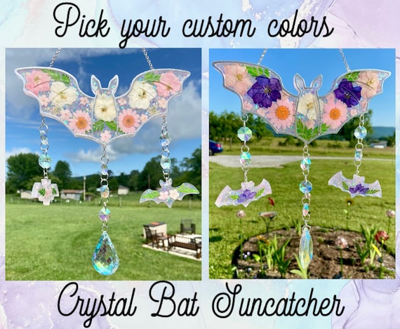 Custom Bat Suncatcher ~ Crystal Bat Suncatcher ~ Real Dried Pressed Flowers ~ Bat Wall Art ~ Glitter Bat Decor