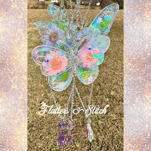Holographic Butterfly Suncatcher  ~ Pastel Floral Flower Sun Catcher ~ Real Dried Flowers ~ Crystal Butterfly