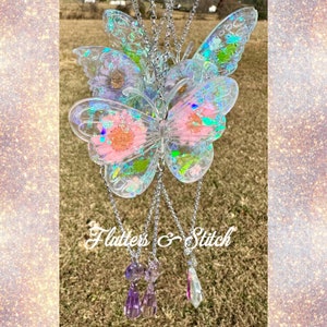 Holographic Butterfly Suncatcher  ~ Pastel Floral Flower Sun Catcher ~ Real Dried Flowers ~ Crystal Butterfly