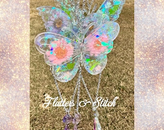 Holographic Butterfly Suncatcher  ~ Pastel Floral Flower Sun Catcher ~ Real Dried Flowers ~ Crystal Butterfly