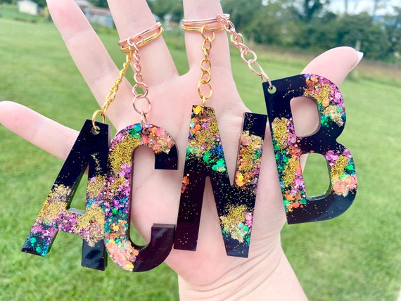 Personalized Large Letter Glitter Keychain ~ Custom Initial Keychain Geode Keyring