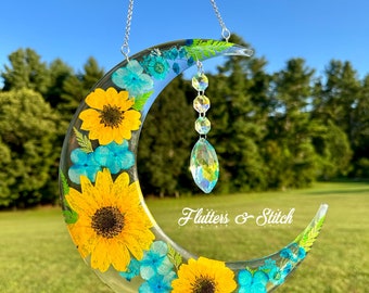 Custom Crescent Moon Suncatcher: Real Dried Flowers & Crystal