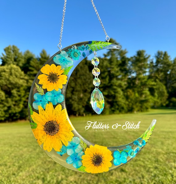 Custom Crescent Moon Suncatcher: Real Dried Flowers & Crystal