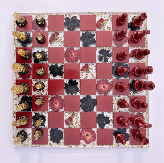 Luxe Valentine's Day Chess Set: Real Red Roses Black Pressed Flowers, Gold Flake Resin Chessboard- 32 Chess pieces Included- LIMITED EDITION